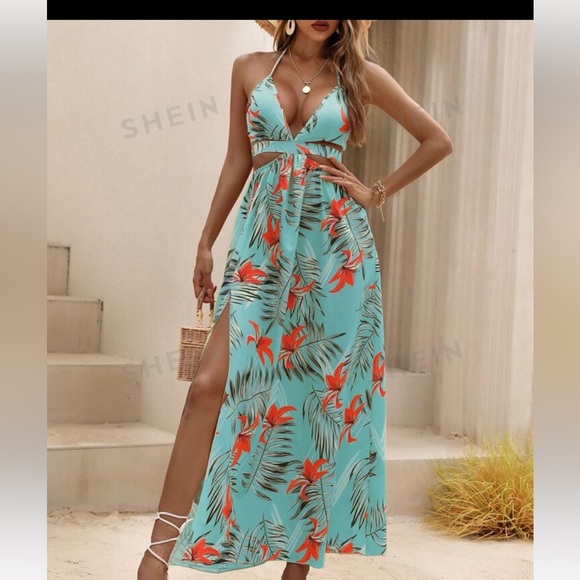 Tropical Print Backless Dress with Slit - Picture 7 of 7